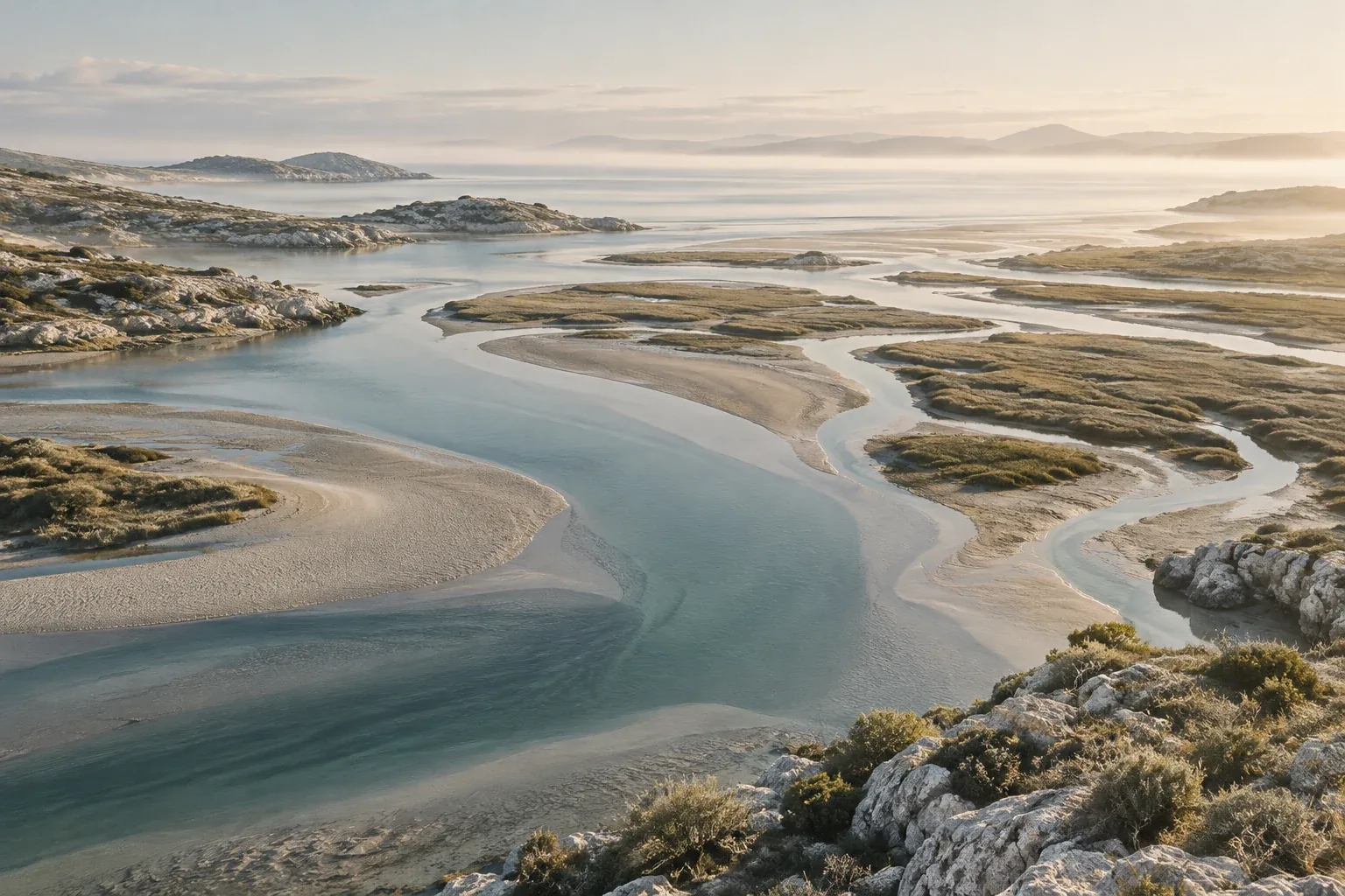 Quiet tidal channels winding through pale coastal grassland